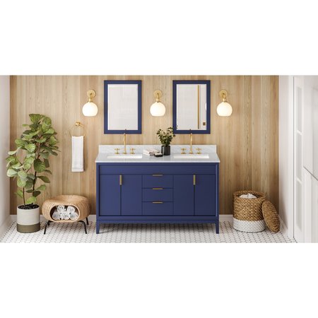 JEFFREY ALEXANDER 60In. Hale Blue Theodora Vanity, Dbl Bowl, Wht Carrara Marble Vanity Top, 2 Undrmnt Rctngl Bowls VKITTHE60BLWCR